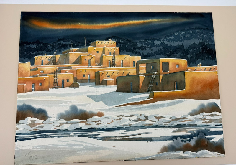 J. Hayes Original Watercolor Painting 1984 Taos Pueblo New Mexico Snow Landscape gallery