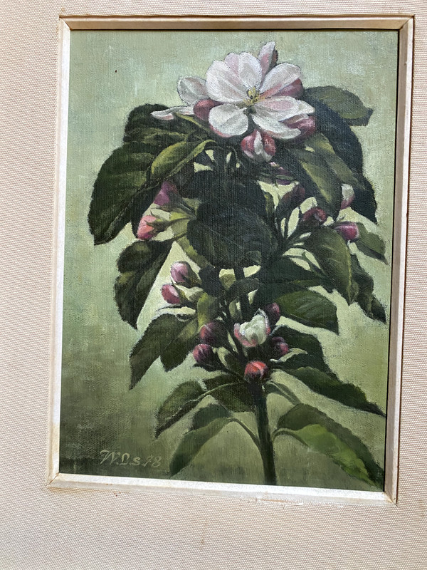 Oil Painting Still Life Flowers Christmas Monogram W.L.S Frame Antique Blooms gallery