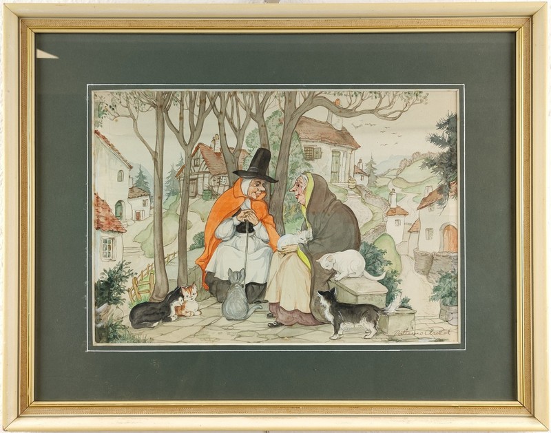 PATIENCE ARNOLD SIGNED ORIGINAL WATERCOLOUR PAINTING FAIRY TALE WITCH CATS SCENE