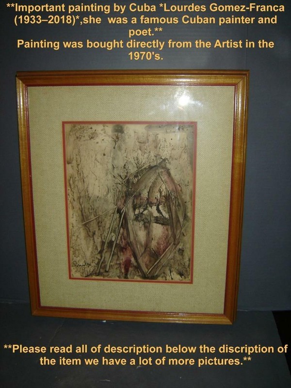 Superb Vintage Cuba Important Artist Lourdes Gomez Franca Mixed Media Painting.