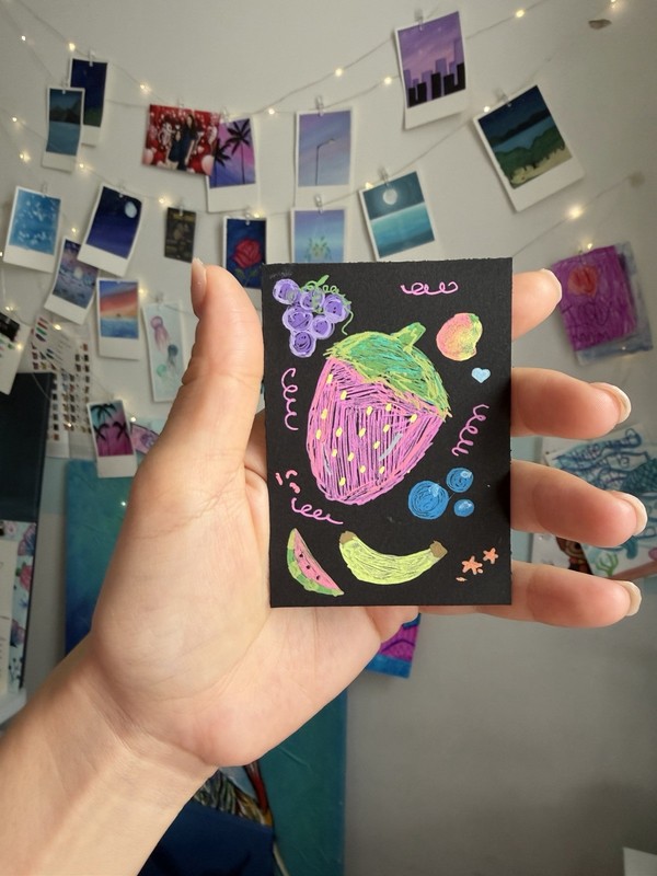 ACEO Original Neon Fruit Medley Glowing Neon Pastel Fruits Art 2.5×3.5