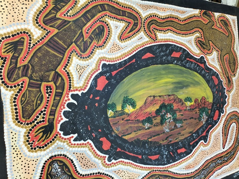 First Nation Aboriginal Art O.L. Khan 2005 Goannas Snake Landscape 100cm x 77cm gallery