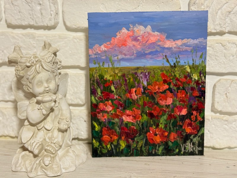 Original Red Poppy Field Oil Painting Landscape Wildflowers Impasto Art 8x10 in gallery
