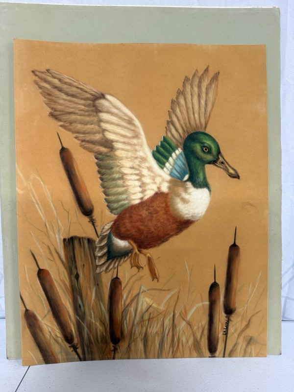 Vintage Original Flying Mallard Duck Painting on Felt Velvet Board 16×20 Signed