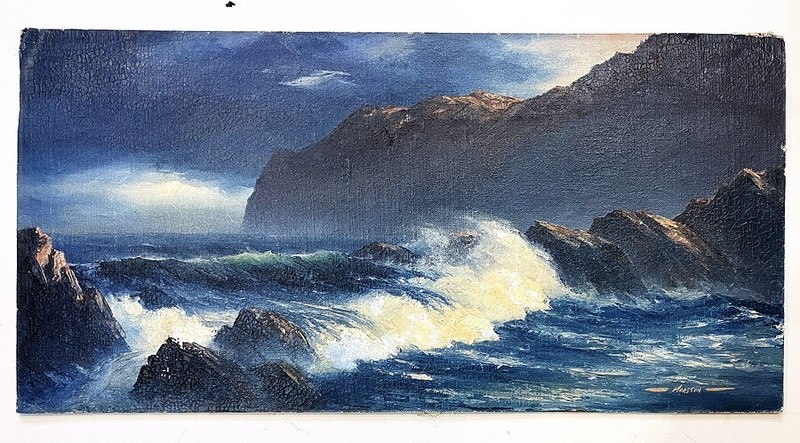Russell Moreton Oil Seascape Painting on Masonite «Sudden Squall» 24×12