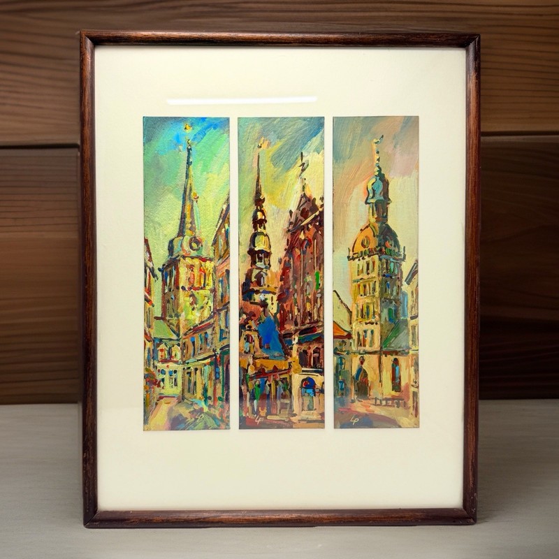 Leo Prúsis Signed LP 2004 Painting Riga Latvia Churches Triptych Framed Art 12”