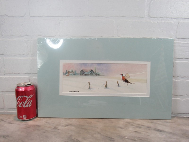 JOHN HARTIG ORIGINAL WATERCOLOR SNOWSTORM FARM PHEASANT BIRD SIGNED gallery