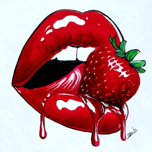 02 Pcs ACEO Original Lady RED Lips Fruit Anime Acrylic Pop Art Set Painting NEW gallery