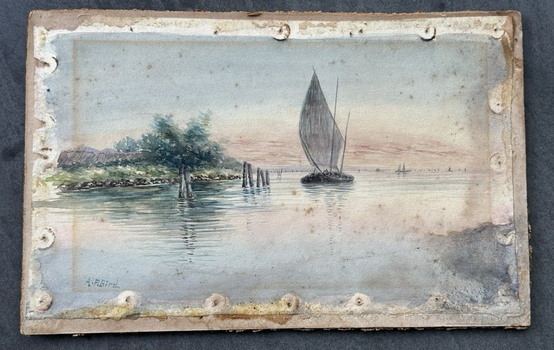 Antique Watercolor Painting Boat Yacht on a Lake Signed A.F.Bird