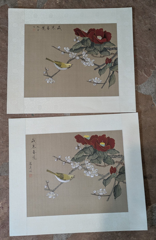 VTG Set of Asian Watercolor on Silk Paper Oriental Painting Red Flowers & Birds