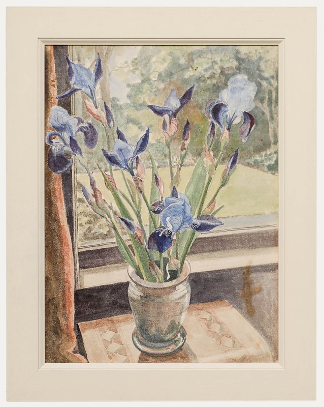 British School c.1930 Gouache – Blue Irises by the Window