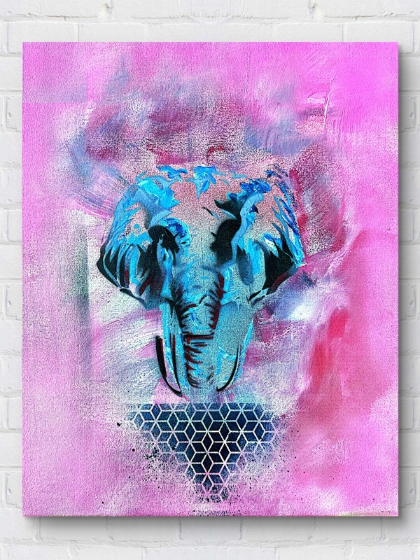 Original Elephant Painting 16×20 Acrylic Canvas Pink Cyan Signed Contemporary