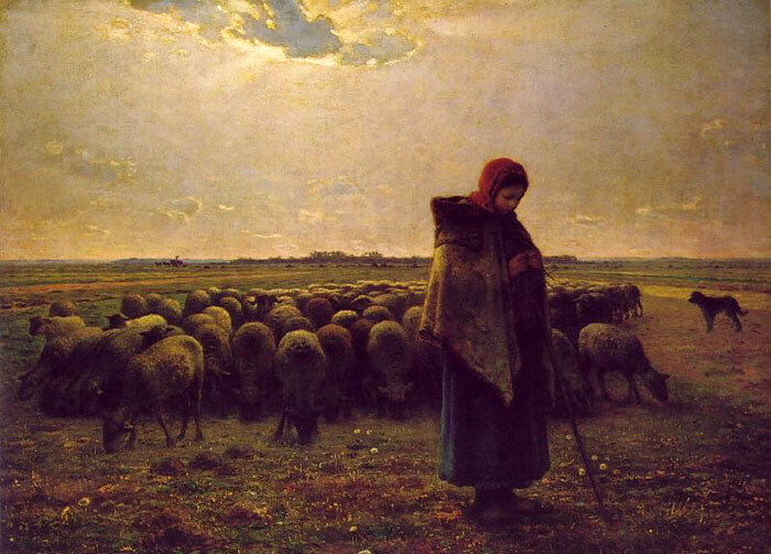Oil painting Jean-Francois Millet – Shepherdess with her flock young girl sheep