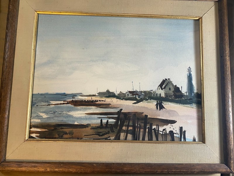 Hayley Lever (1876 – 1958) «Coastal Landscape » Watercolor Painting – Framed