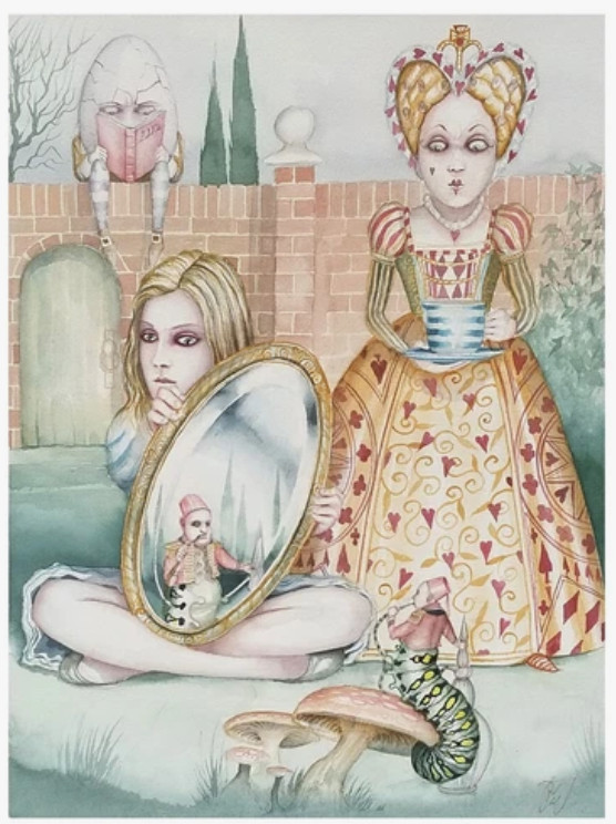 DOMINIC MURPHY Original Watercolor Signed «Alice Through The Looking Glass»