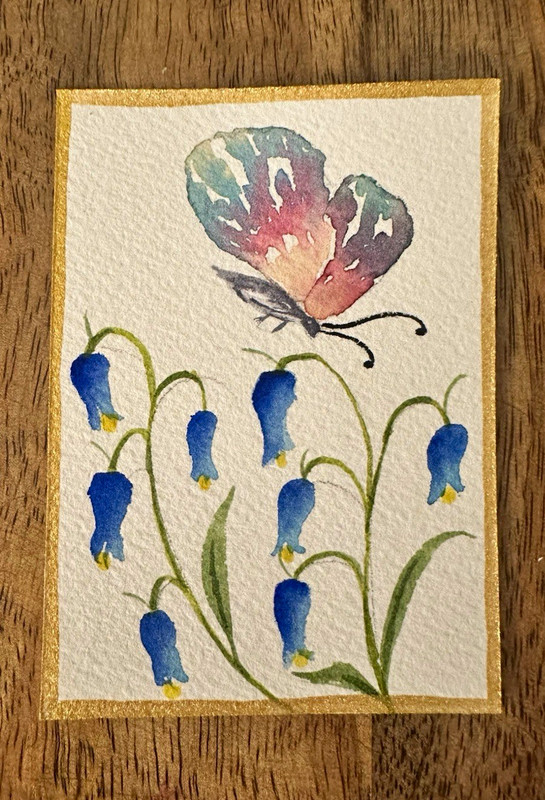 ACEO Original tiny art 3.5 x 2.5 watercolor butterfly and flowers