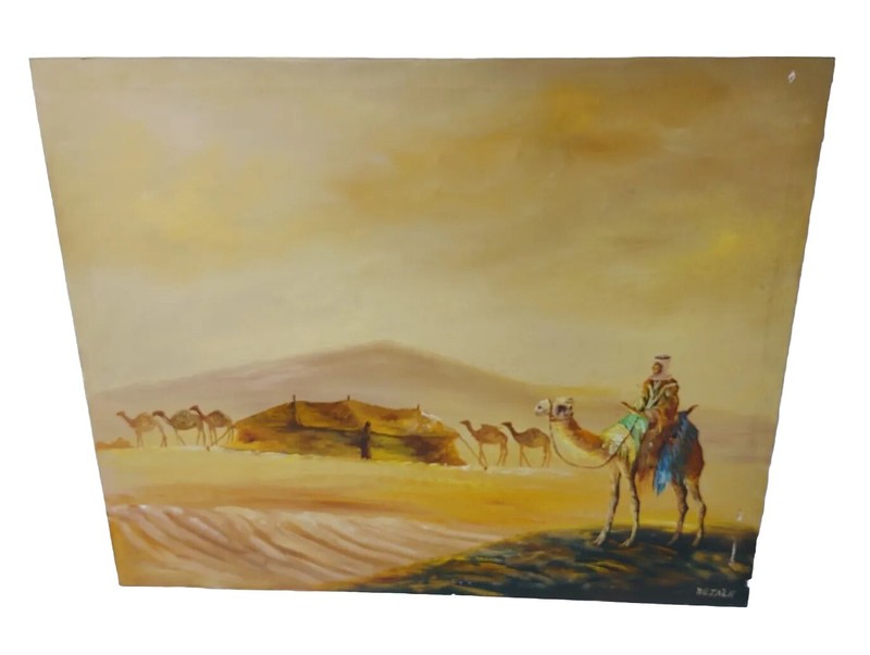 Vintage Oil Painting Middle East Camels Desert Christmas 18×21 Signed «Dejack»