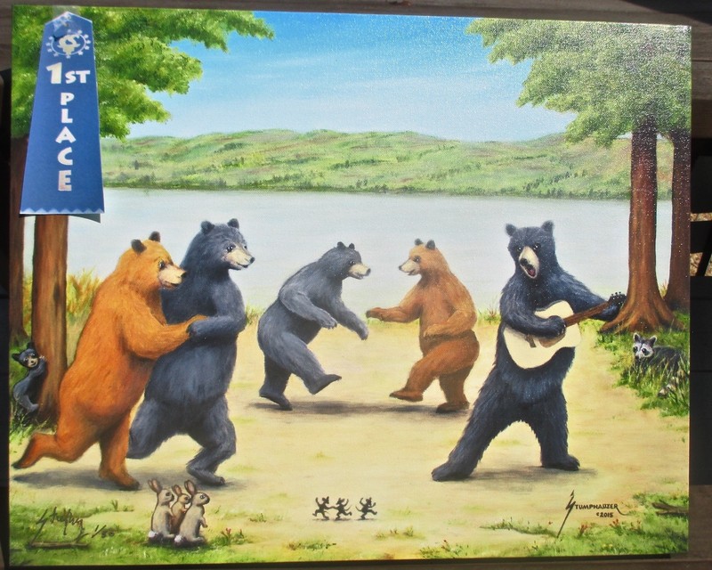 DANCING BEARS ART FUN HAPPY LARGE STRETCHED CANVAS ANIMALS LISTED ARTIST SIGNED