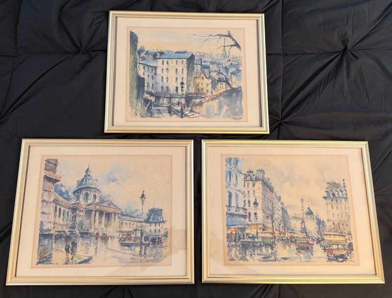 Set of 3 Vintage Mid Century Paris Watercolor Paintings Signed Framed Art France