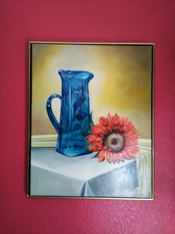 BLUE VASE AND SUNFLOWER Original Oil Hand Painted Still Life Art by JV 16X 20in.