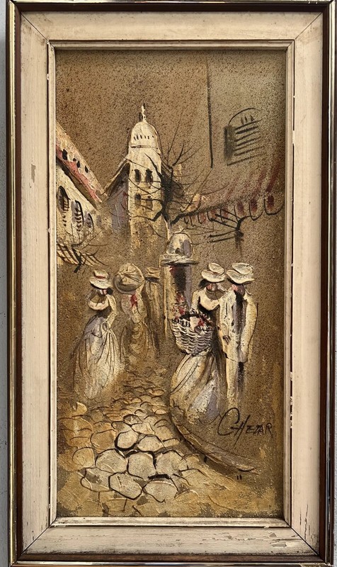 Oil Sand Painting By Artist Boris Chezar Streetscape 1913-2008 Signed