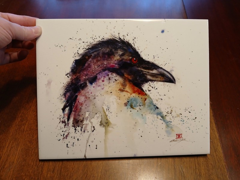 Crow Raven Standing Tile by Dean Crouser Fine Art Watercolor Signed Bird Wild