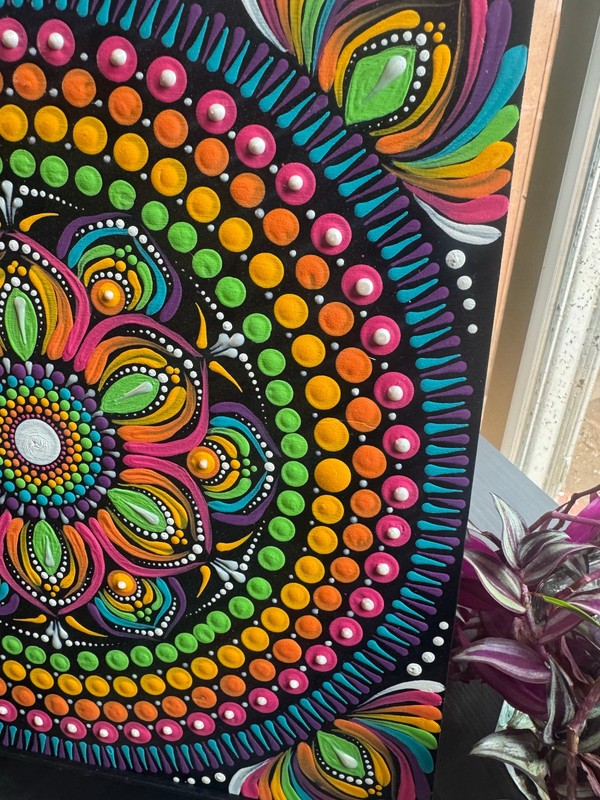 Original Hand Painted Mandala Dot Art 12" Wood Panel Rainbow Multicolor Wall Han gallery