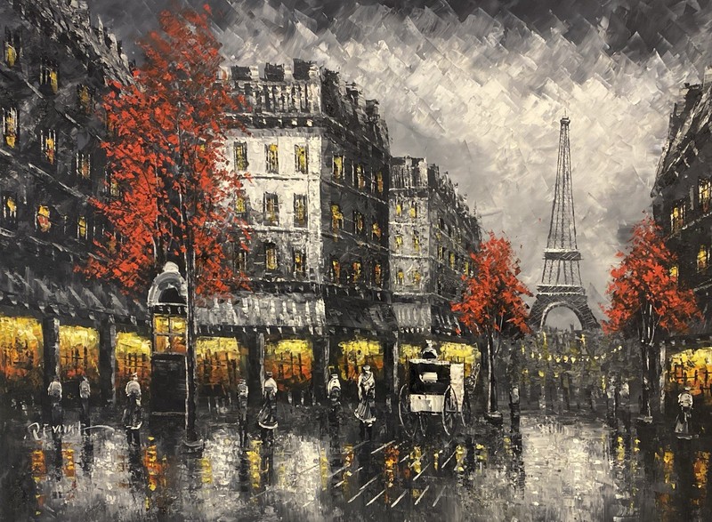 Oil Painting 48×36 UNSTRETCHED Eiffel Tower Paris, France,black/white red trees