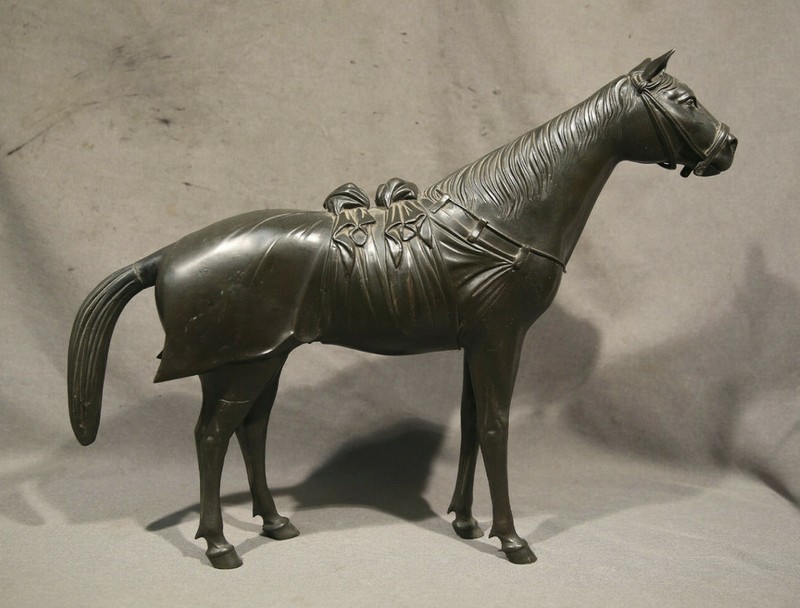 18th Century Chinese Animal Bronze Horse with Saddle Dark Brown & Green Patina