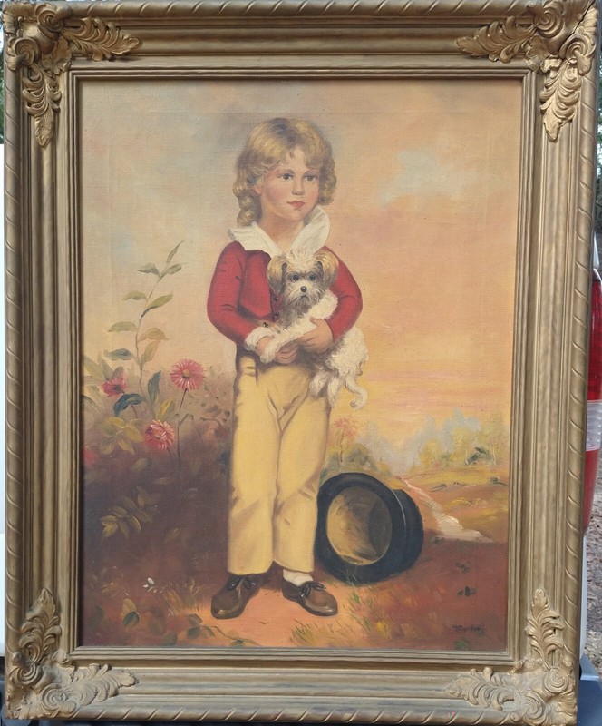MASTERPIECE «Oil on Canvas LITTLE BOY & HIS DOG Signed & FRAMED 19th Century