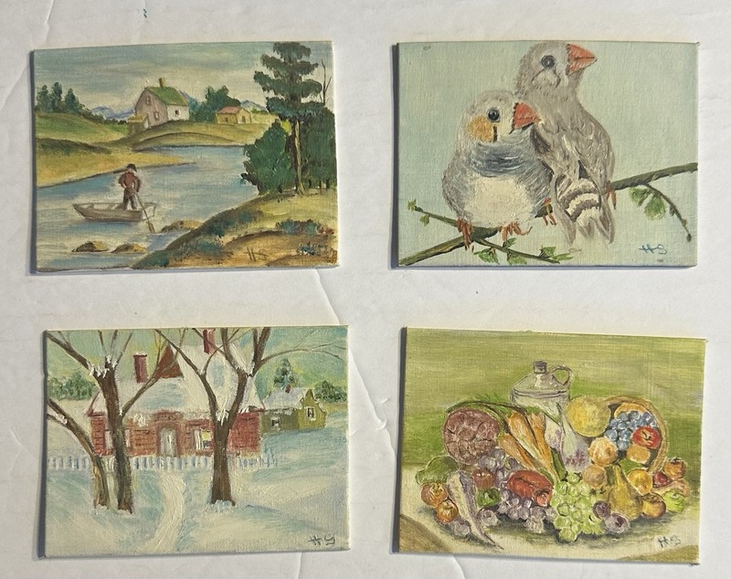 Set Of 4 Mini Paintings Signed H.S 3” X 4” Unknown Artist Landscape Snow Birds
