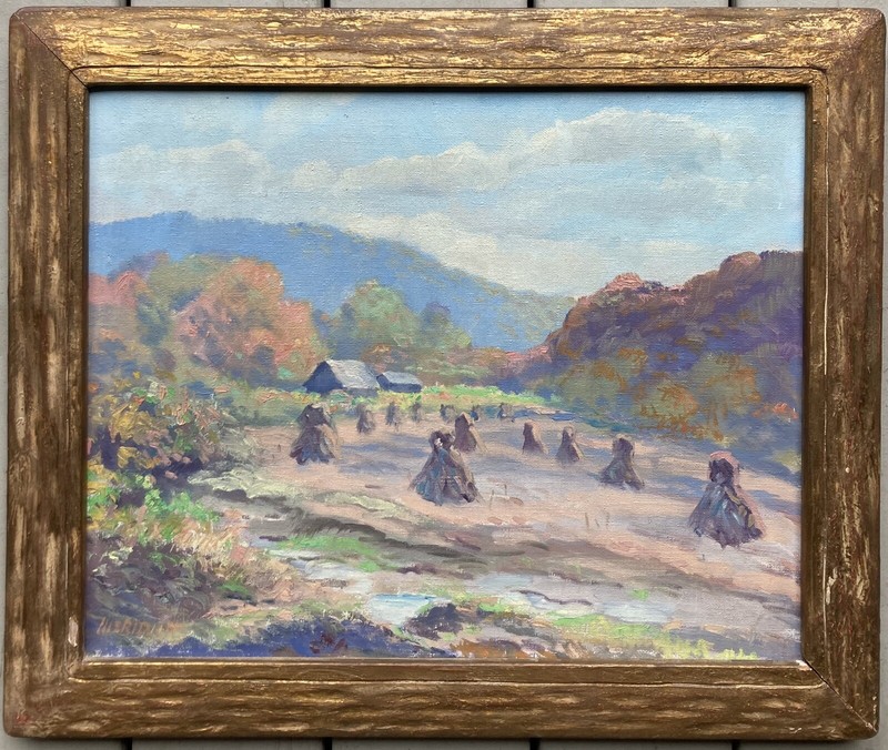 c.1920 Brown County Landscape with Haystacks By Isaac Meridith