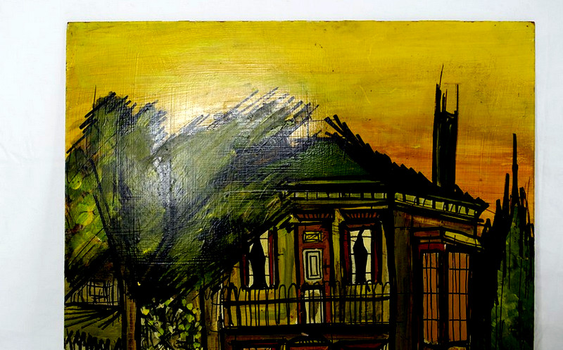 DAVID STATES ORIGINAL MCM GOTHIC FOLK ART OIL PAINTING ON SLATE 1960S SIGNED gallery