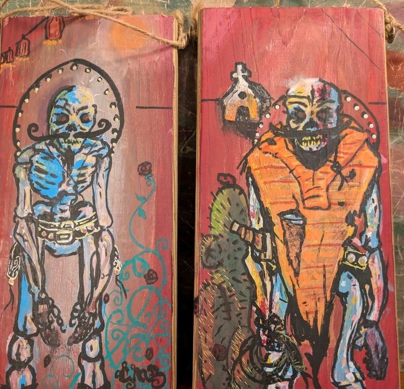 Original Lowbrow Skeleton Art Wood Panels Set 11×5.25 Signed «Crave» Graffiti