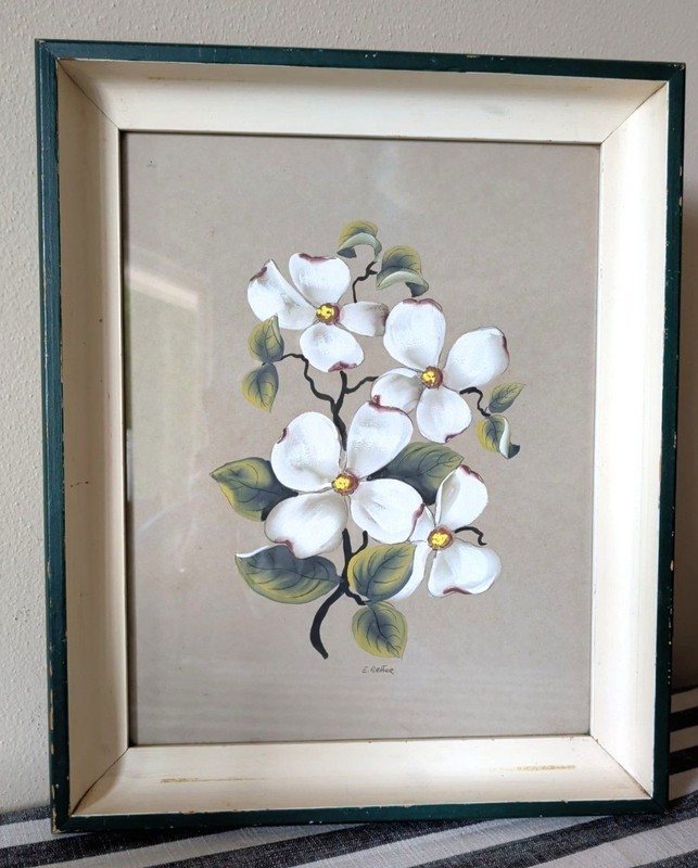 Antique Watercolor Dogwood E. Arthur Artist Signed Green Frame 1918 Cottage Core