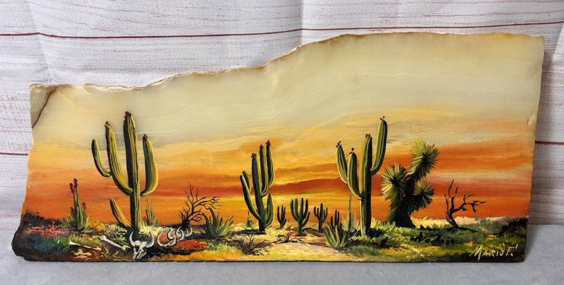 Handpainted Art On Onyx Stone Slice Artist Signed Desert Cactus Sunset Nature gallery