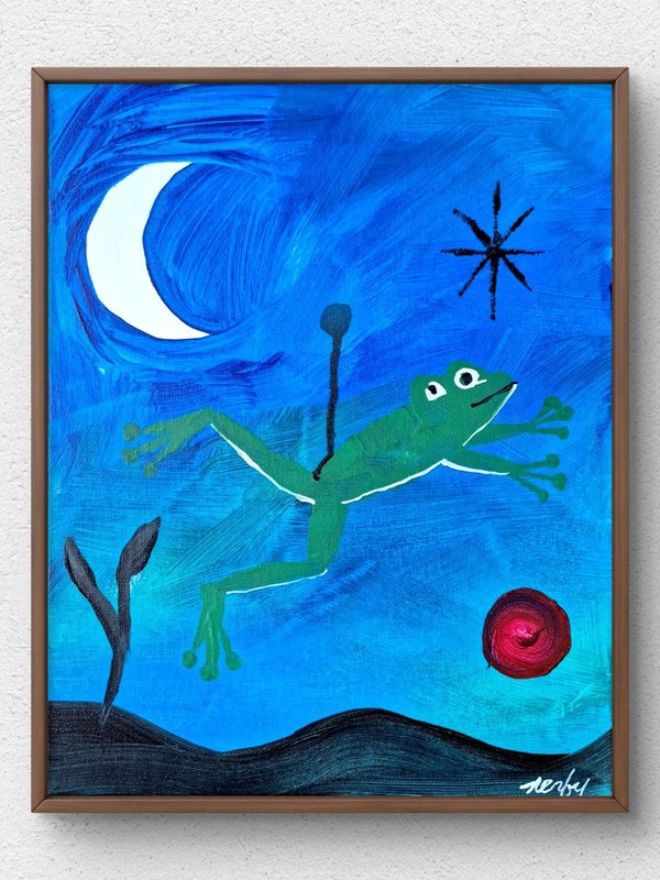 Original Signed 11×14 Canvas Abstract Animals Acrylic Bold Blue Home Decor A140
