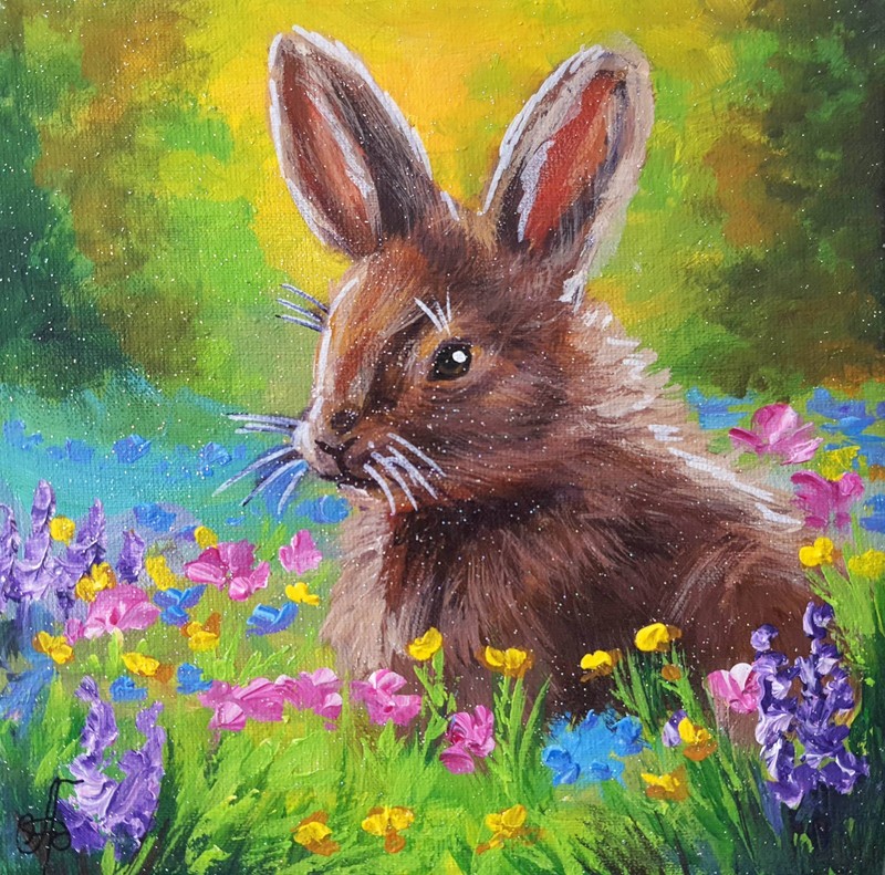 Cute Bunny Rabbit Original Acrylic Painting Wildflower Meadow Animal Art 6×6
