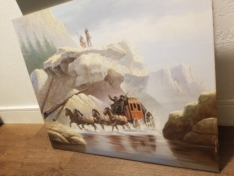 John Stanford Stagecoach Crossing River Indians Western Oil Painting No Frame gallery