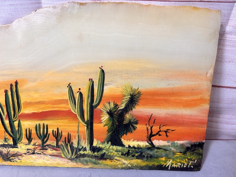 Handpainted Art On Onyx Stone Slice Artist Signed Desert Cactus Sunset Nature gallery