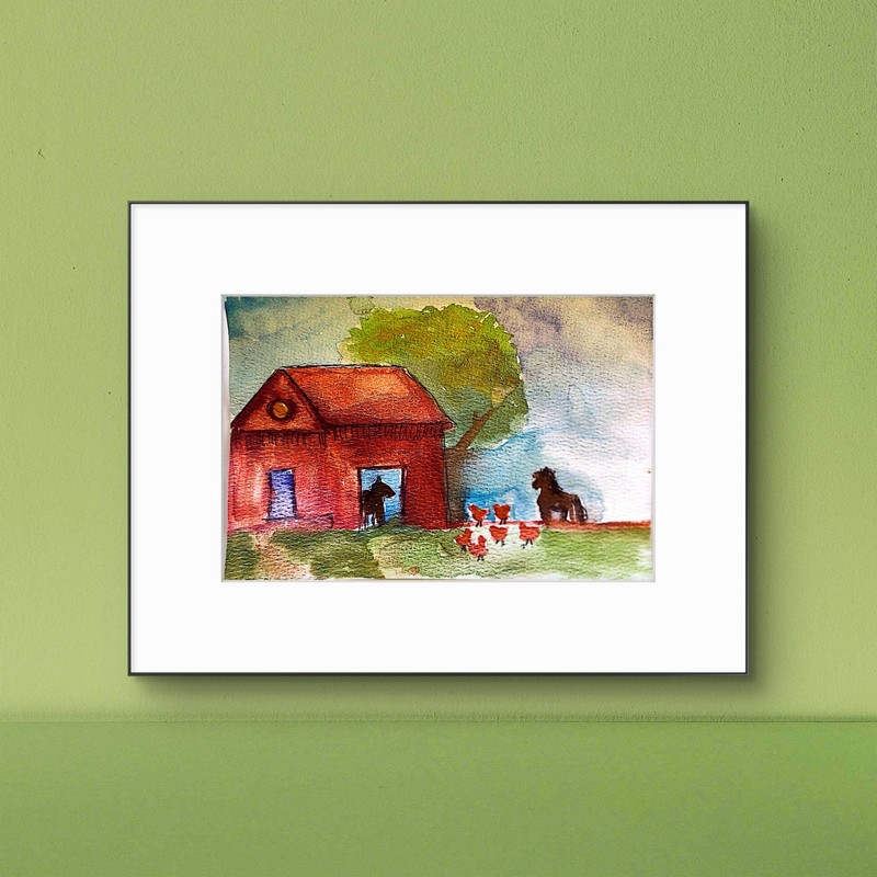 Horse Barn With Chickens Contemporary Expressionist Original Watercolor 5x7 gallery