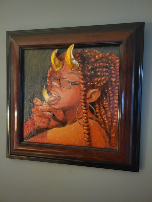 Framed Portrait Painting, Woman with Horns, Smoking, Red Tones, Small Canvas