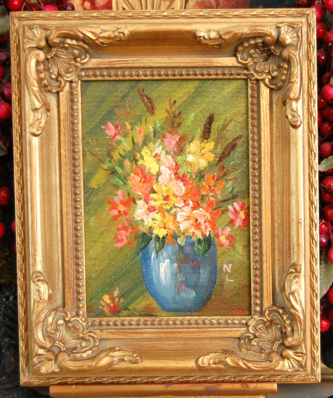VTG 80’S SMALL FRAMED ORIGINAL OIL FLOWER BOUQUET ON VASE STILL LIFE ARTIST: N L