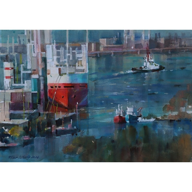 ORIGINAL Painting Impressionism Cityscape Port Life 11″x15.7 Piter Ilitzky