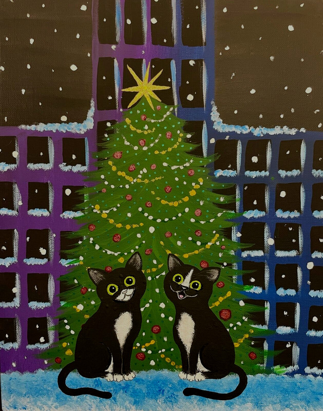 Original 11 x 14 Acrylic Painting on Canvas Panel Tuxedo Cats & Christmas Tree