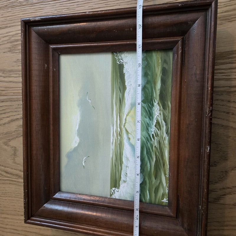 Vintage mid-century seascape oil painting, signed by artist Waves Seagulls 13in gallery