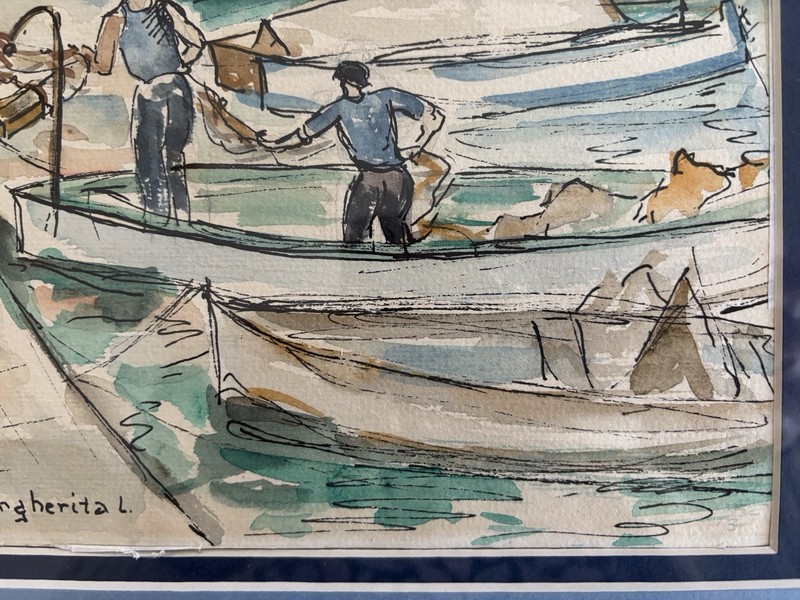Vtg Framed Pen & Ink Watercolor Painting SANTA MARGHERITA Italy Fishermen Boats gallery