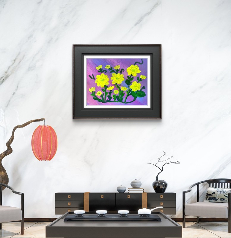 Yellow Floral Acrylic Painting Purple Flower Wall Art Original 11x14 gallery