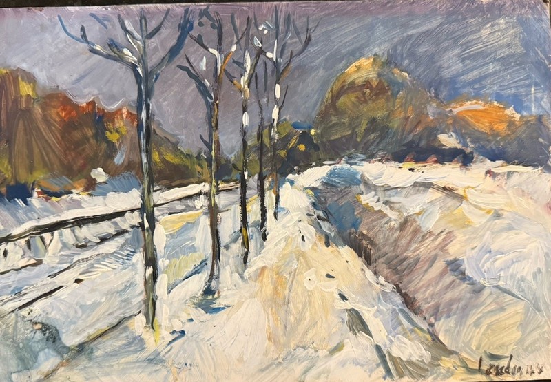 Expressionism Winter Scape Watercolor Signed 18+12”