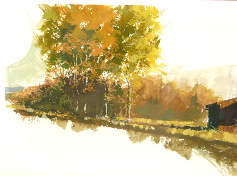 J. K. Johnson Watercolor Gouache Landscape Painting Shack by River 7x14"/14x21" gallery